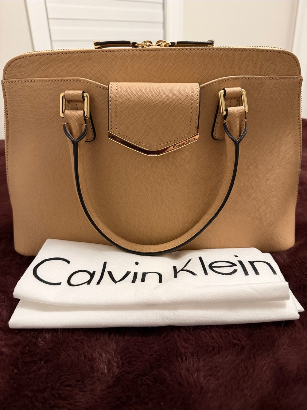 Calvin Klein Beige Structured Satchel Handbag.